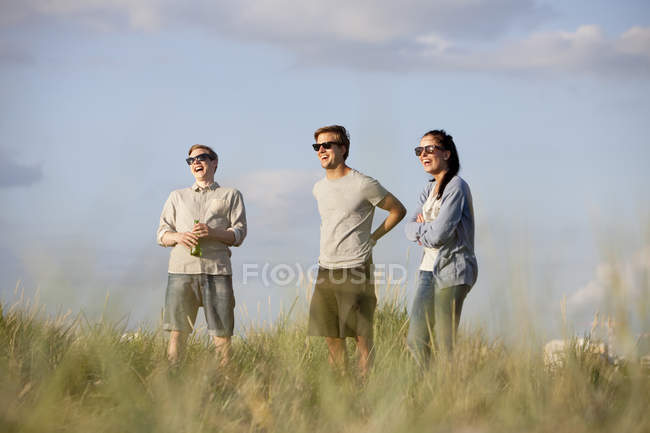 Friends standing on grassy beach — Stock Photo