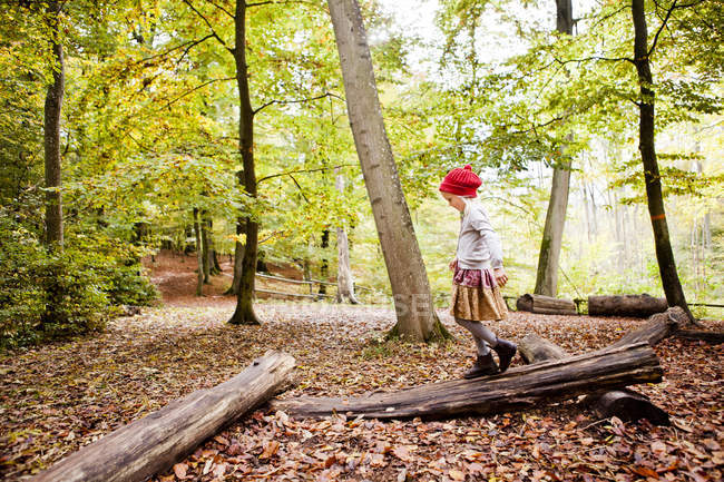 Chica caminando en el registro en el bosque - foto de stock
