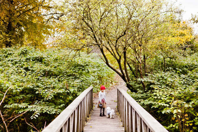 Girl standing with Bichon Frise on footbridge — Stock Photo