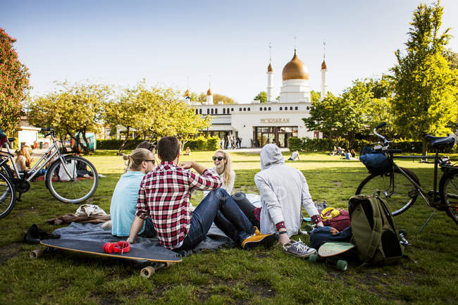Group of friends sitting at park — Stock Photo