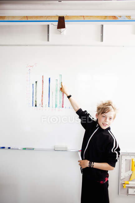 Boy pointing at chart — Stock Photo