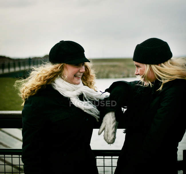 Vista de dos amigas sonrientes de pie en la barandilla del puente - foto de stock