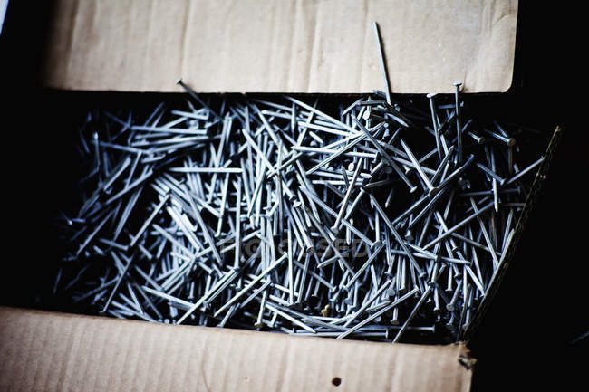 Nails in cardboard box — Stock Photo