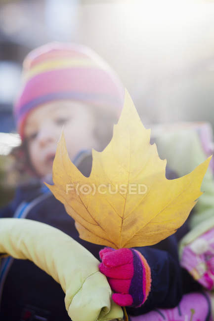 Menina com segurando folha seca — Fotografia de Stock