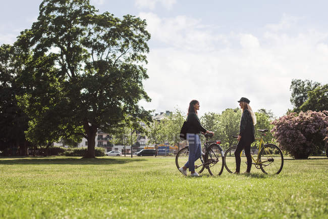 Жінки, що стоять з велосипедами — стокове фото
