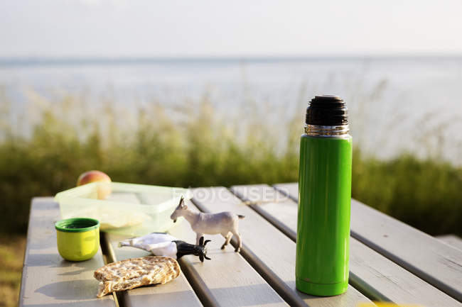 Thermos and toys on picnic table — Stock Photo