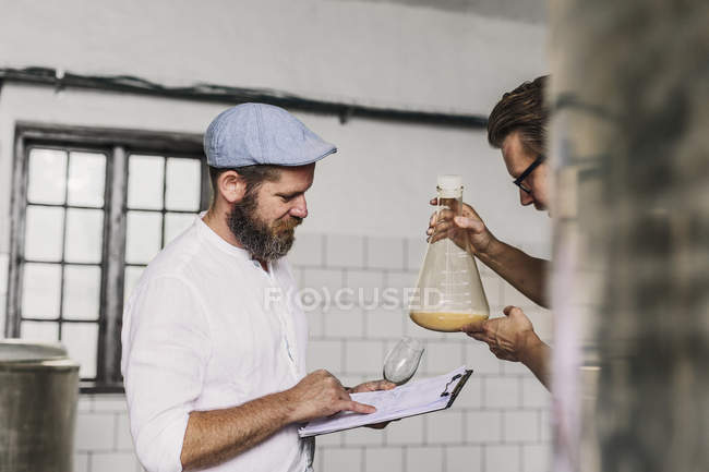Lavoratori birrai esaminando birra in becher — Foto stock