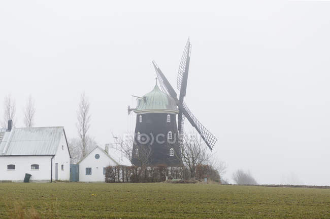 Paysage rural avec moulin à vent le jour de brouillard — Photo de stock