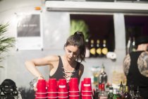 Bartender near street cocktail van — Stock Photo