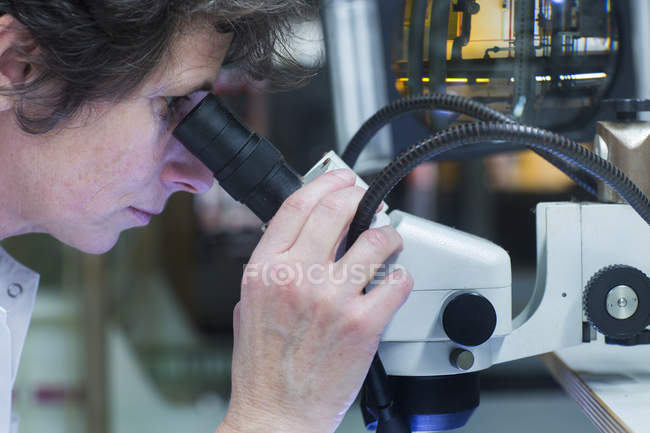 Female worker looking through microscope — Stock Photo