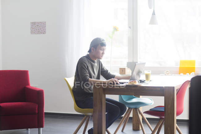 Homem trabalhando no computador portátil em casa — Fotografia de Stock