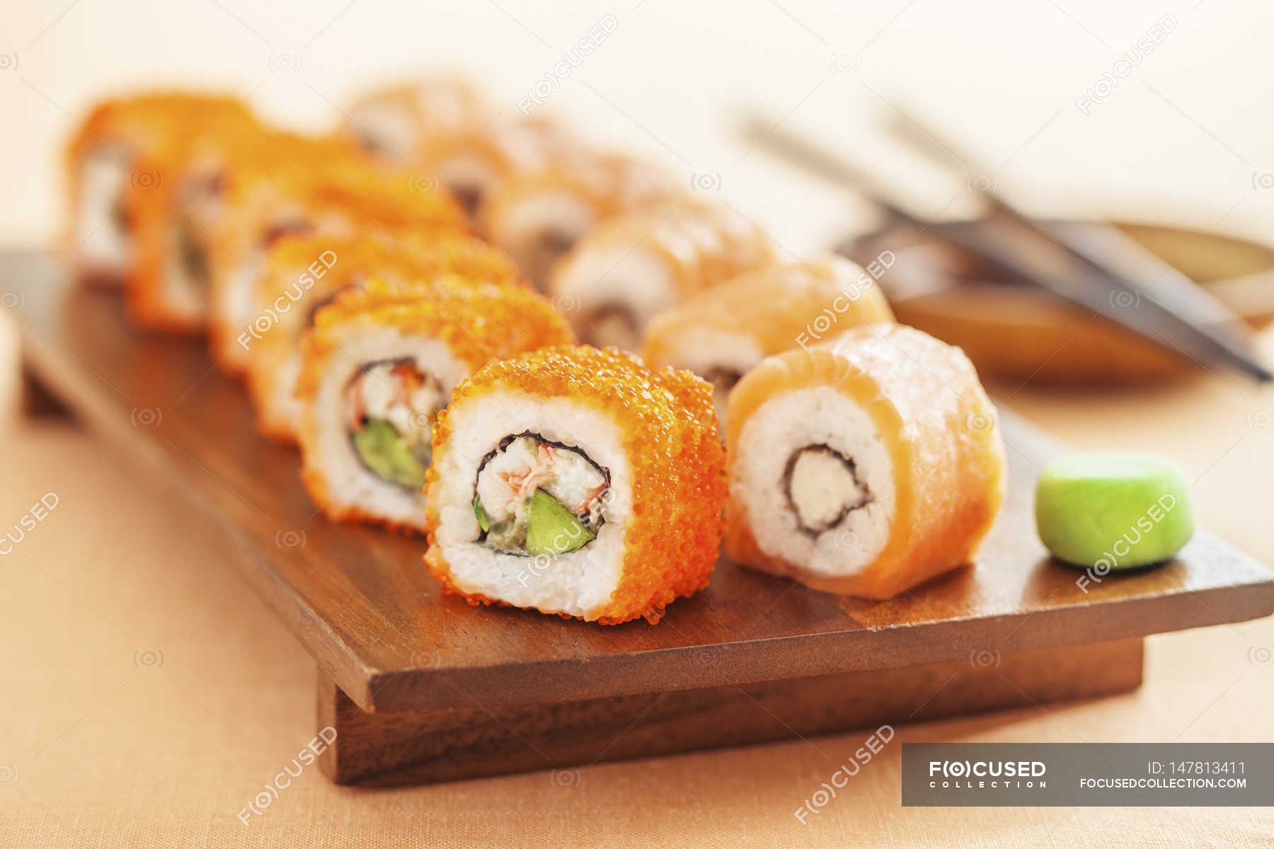 California And Alaska Sushi Rolls Salmon Caviar Stock Photo