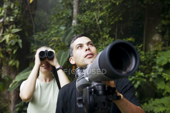 Mujer bonita con prismáticos y hombre con telescopio en la selva - foto de stock