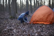 Man puts up tent in woods — Stock Photo