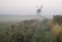 Moinho de vento velho no campo inglês nebuloso — Fotografia de Stock