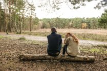 Casal sentado no log na floresta — Fotografia de Stock