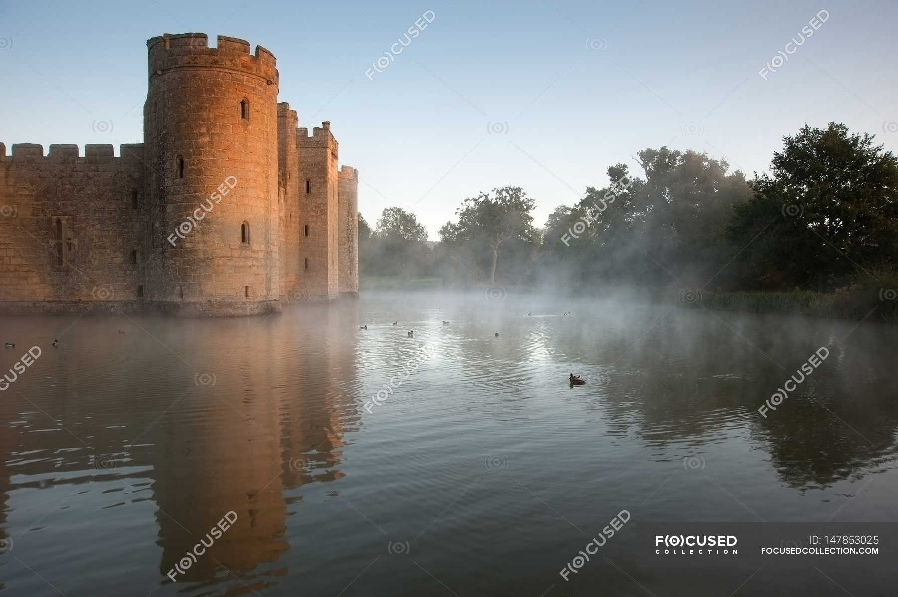 Beautiful medieval castle and moat at sunrise — plants, water - Stock