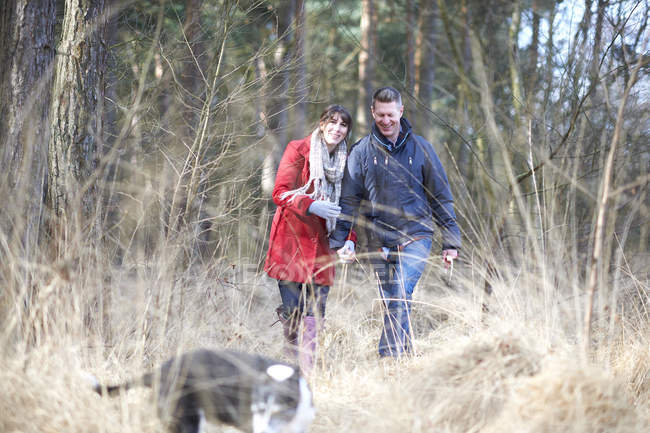 Couple walk hand in hand in woods — Stock Photo