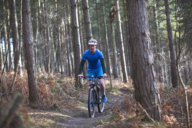 Homem de bicicleta de montanha na floresta — Fotografia de Stock