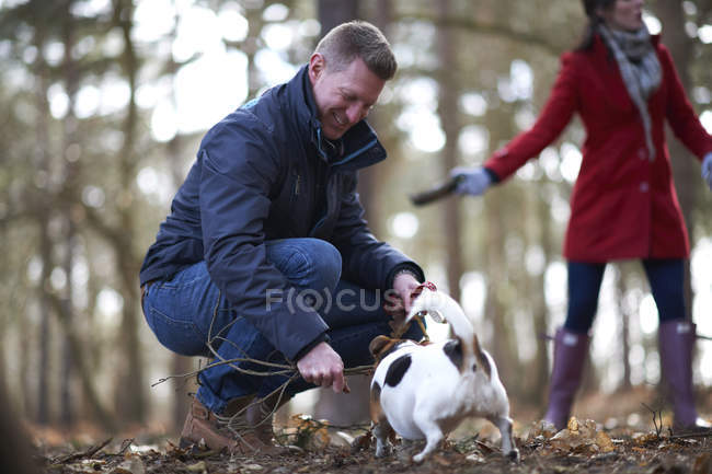 Couple promenade avec chien dans les bois — Photo de stock