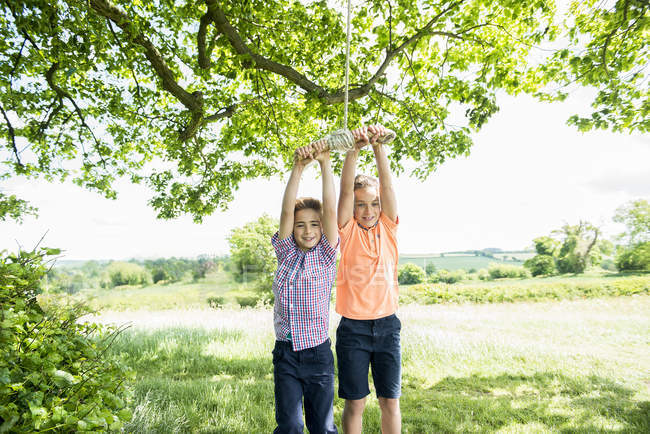 Boys playing on swing in countryside — Stock Photo