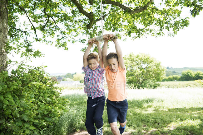 Boys playing on swing in countryside — Stock Photo
