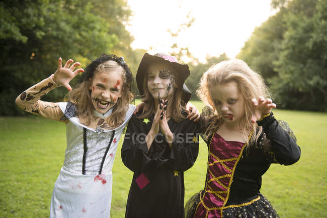 Children in costumes for Halloween posing on field — Stock Photo