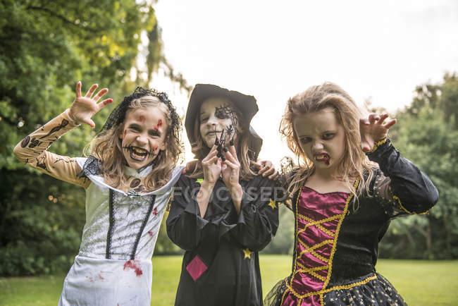 Niños disfrazados para Halloween posando en el campo — Árboles, Puesta de  sol - Stock Photo | #147610613