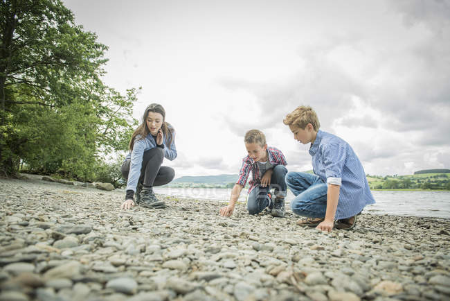Femme et deux garçons jouant sur la rive — Photo de stock