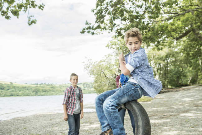 Мальчики играют на висящей на дереве шине — стоковое фото