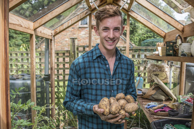 Садівник тримає картоплю в руках — стокове фото