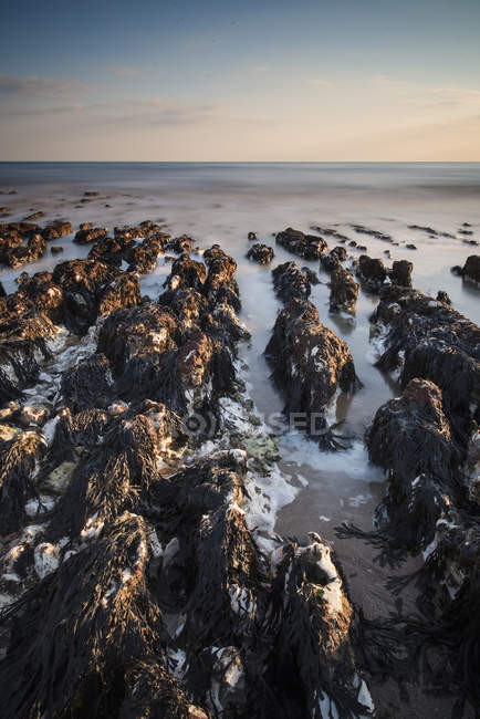 Praia rochosa em susnet com longa exposição — Fotografia de Stock