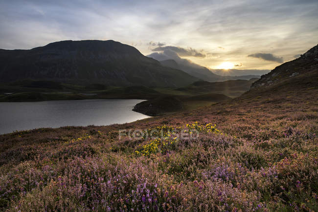 Alba sulla catena montuosa con lago — Foto stock