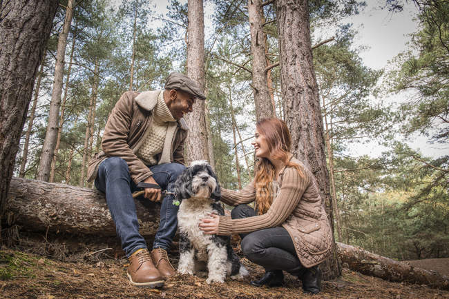Paar sitzt mit Hund auf Baumstamm — Stockfoto