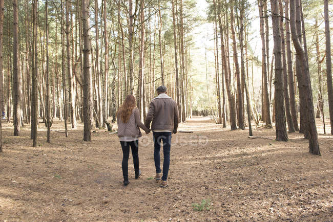 Couple s'amuser pendant la promenade en forêt — Photo de stock
