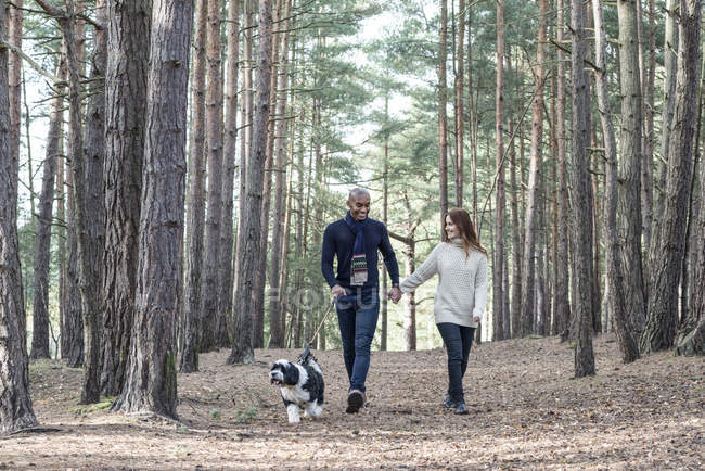 Casal fora com o cão na caminhada da floresta — Fotografia de Stock