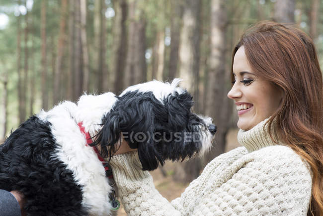 Mujer acariciando perro en bosque paseo - foto de stock