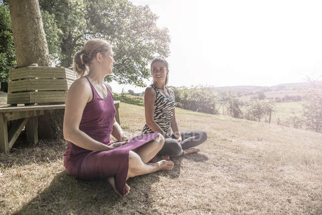 Amigos sentar no prado e praticar ioga — Fotografia de Stock