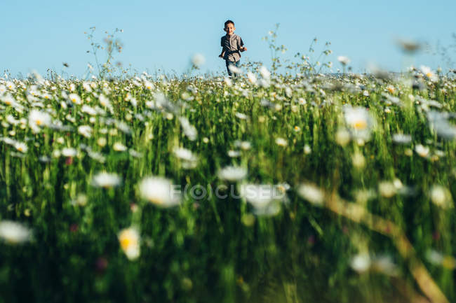 Ragazzo che corre sul campo con dei fiori — Foto stock