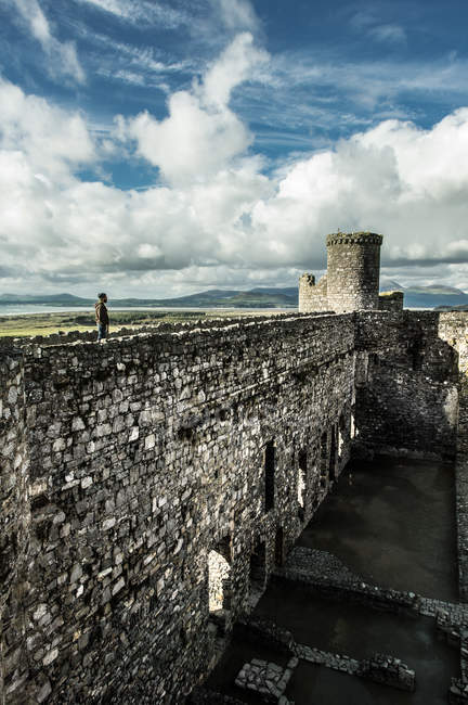 Чоловік, що стоїть на руїни замку в місті Conwy — Stock Photo