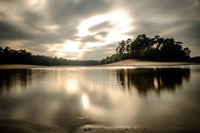 Orilla del lago con reflejos de árboles - foto de stock