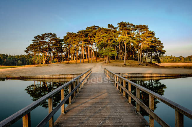 Wooden dock to lake island reflections — Stock Photo