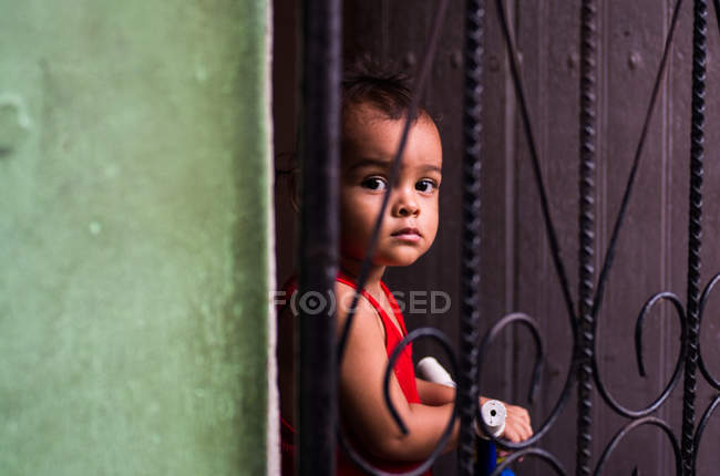 Мальчик через оконный забор — стоковое фото