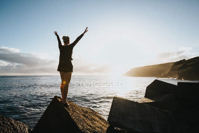 Woman standing on rock and looking at beautiful landscape — Stock Photo