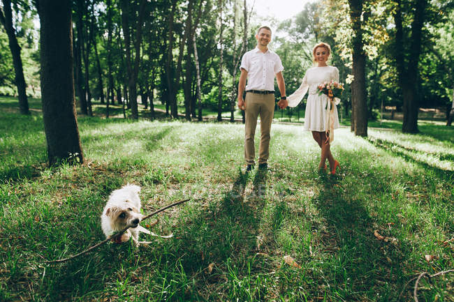 Sposo e sposo a piedi con cane — Foto stock