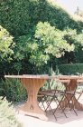 Mesa de madeira com cadeiras no jardim — Fotografia de Stock