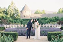 Felice sposi in piedi mano nella mano — Foto stock
