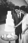 Groom and bride cutting wedding cake — Stock Photo