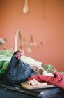 Hen on table with farm vegetables — Stock Photo
