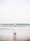 Vue arrière du garçon en chapeau contre les vagues de surf à la plage — Photo de stock